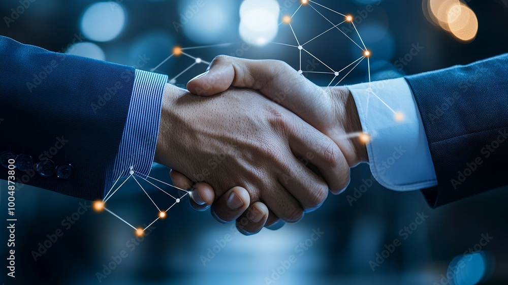 Poster two men shaking hands with a background of a network of lines