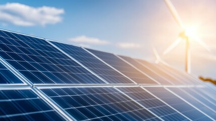 A solar panel array is shown with a wind turbine in the background