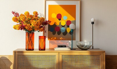  Fresh blooms in bright orange and yellow sit atop a wooden sideboard, framed by geometric decor and a retro glass dish, creating a cheerful modern space. Mock up. 