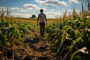 Fototapeta premium Male walking through a cornfield on a sunny day with blue sky in the background, generative IA