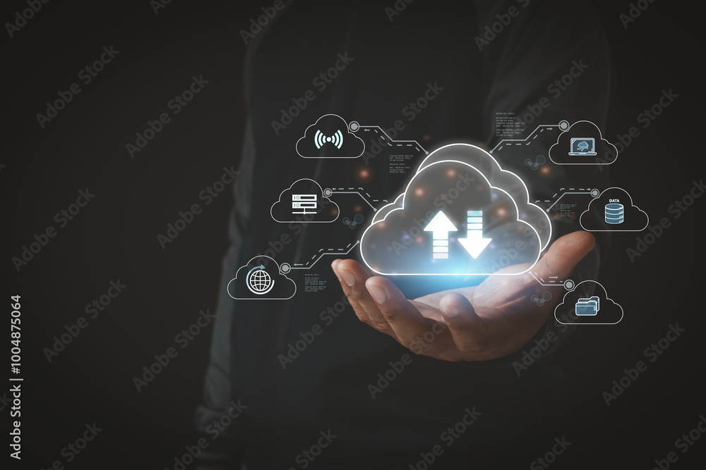 Aufkleber cloud technology concept. business people with cloud computing diagram on hand. data storage. networ