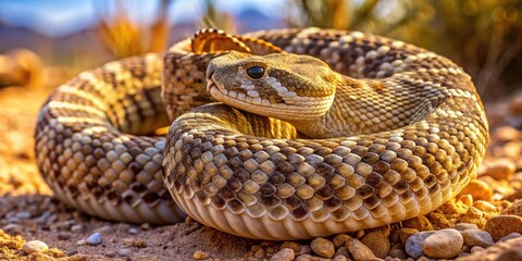 Obraz premium Mojave Rattlesnake Coiled in Desert Habitat with Natural Camouflage and Vibrant Scale Patterns Visible