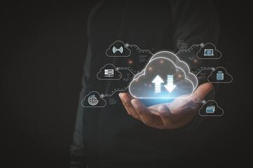 Cloud technology concept. Business people with cloud computing diagram on hand. Data storage. Networking and Internet service. Big data, internet of things, business processes, digital transformation.