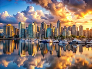 Obraz premium Morning Sun Illuminates Vancouver City Skyline with Skyscrapers and Light Clouds Over the Harbor