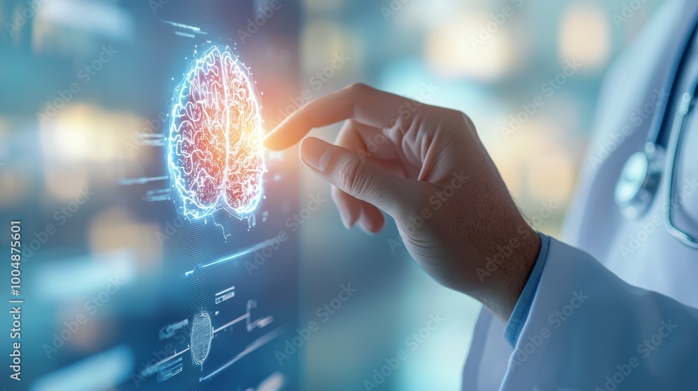 Poster a doctor is pointing at a brain on a computer screen