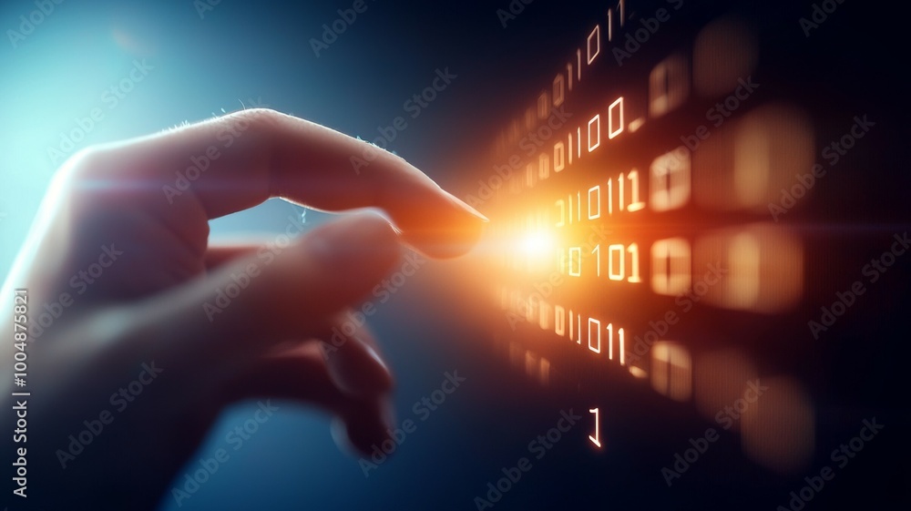 Poster a hand is touching a screen with a bunch of numbers on it