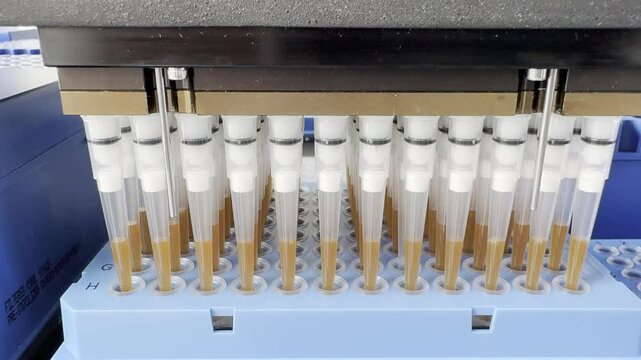 laboratory automated liquid handling system, robotic arm with multiple pipette tips above a tray of microtiter plates. technology in scientific research and testing. modern laboratory automation.