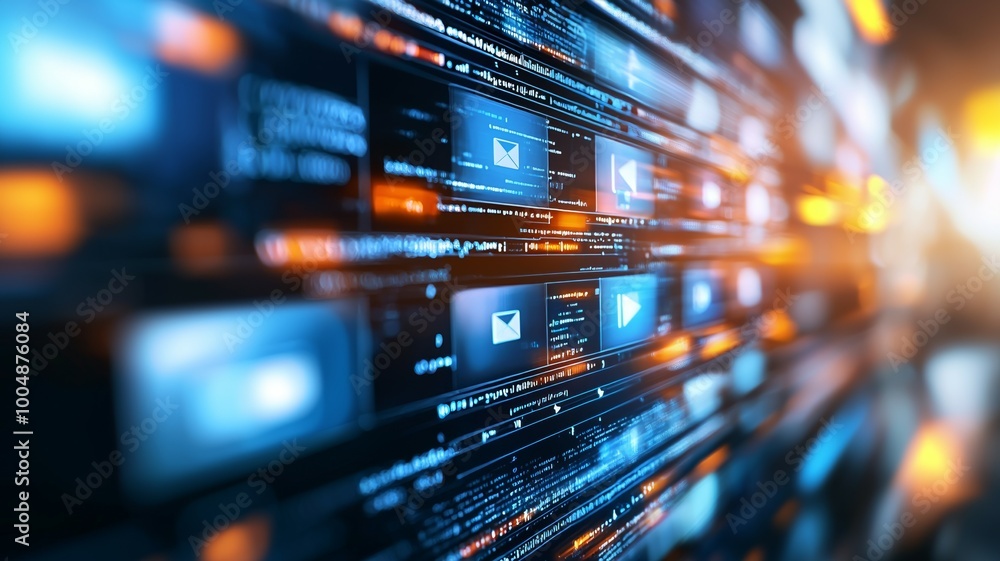 Poster a computer screen with many icons and a blue background