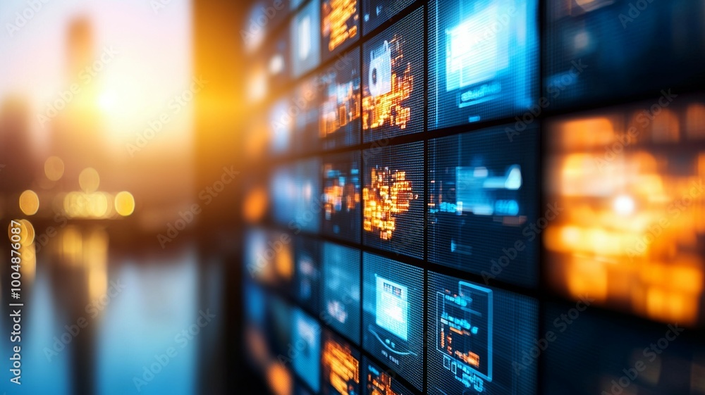 Poster a computer monitor displays a number of screens with a bright orange background