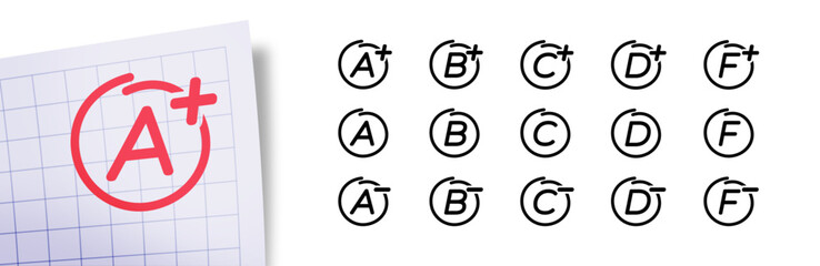 Letters grading system icons set. School result grades from A to F with plus and minus signs. Isolated hand drawn education marker, rating for student, on white background . Vector illustration.