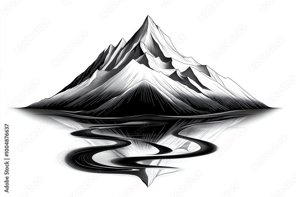 Poster minimalist mountain landscape, with clean lines representing towering peaks and flowing rivers in a 