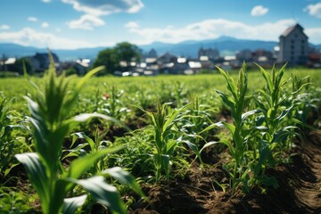 Obraz premium Corn plantation on a sunny day with buildings in the background, generative IA