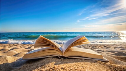 Open Book Resting on the Sandy Beach with Gentle Waves and Clear Blue Sky in the Background