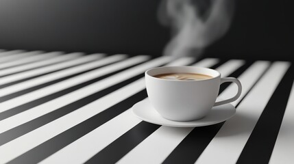 A steaming cup of coffee on a black and white striped surface.
