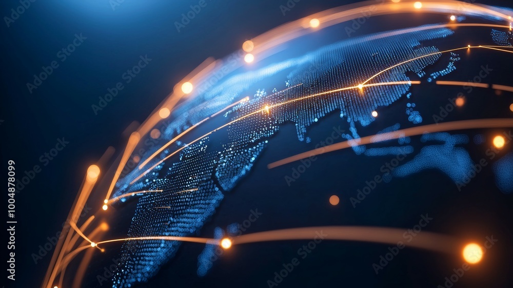 Poster a globe with a blue background and orange lines that are connected to it