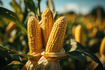 Vertical selective focus of a corn with a blurry from a cornfield, generative IA