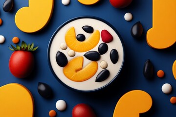 Naklejka premium Minimalist smoothie bowl illustration for weight loss, featuring clean, bold shapes representing fruit, seeds, and yogurt in an abstract design