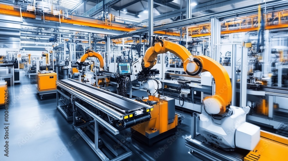 Aufkleber advanced robotic arms automate production processes in a high-tech manufacturing facility during day