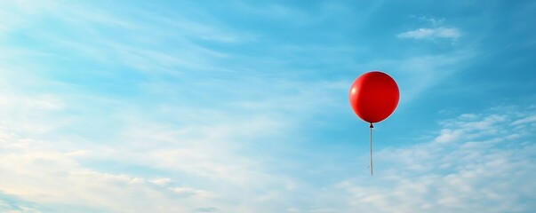Red balloon floating in blue sky, minimalistic concept