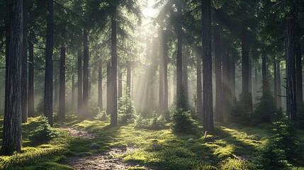 Naklejka premium Sunbeams peek through the trees in a misty forest.