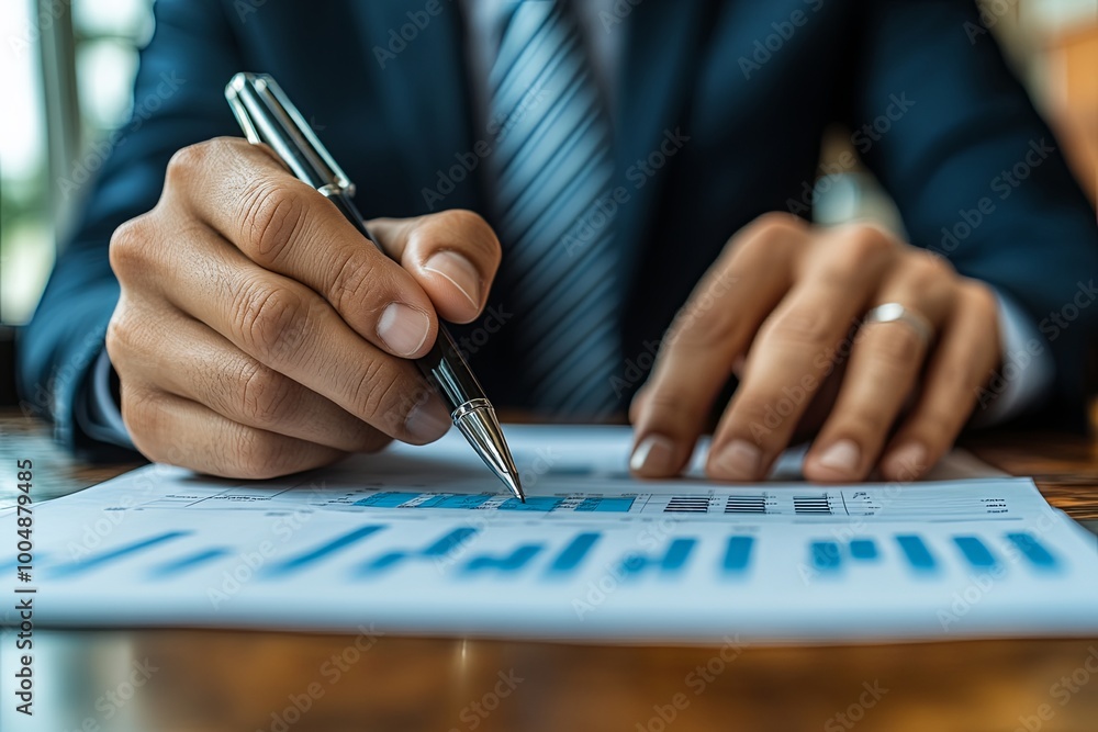 Poster a businessman analyzes financial reports while using a pen to highlight key data in an office settin