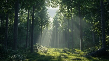 Obraz premium Sunlight streams through the trees in a lush green forest.