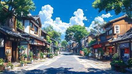 Naklejka premium Ilustracja w stylu anime przedstawiająca spokojną japońską ulicę z tradycyjnymi domami i bujną zielenią w słoneczny dzień