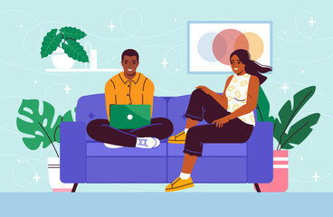 Man and woman with remote work. Young guy and girl with laptop working on Internet. People with online earnings. Freelancers with computer. Flat vector illustration isolated on green background