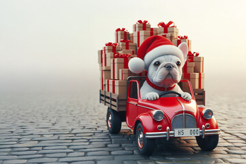 White French Bulldog wearing a Santa hat driving a miniature red truck stacked with brown gift boxes wrapped in red ribbons, set against a blurred outdoor backdrop, creating a playful, Christmas theme