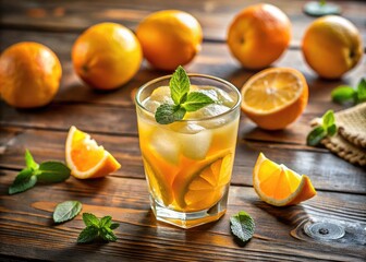 Fototapeta premium Refreshing Orange Lemonade with Ice in a Glass on a Wooden Table Perfect for Summer Enjoyment