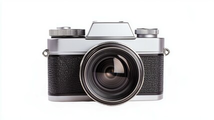 A silver camera with a black lens