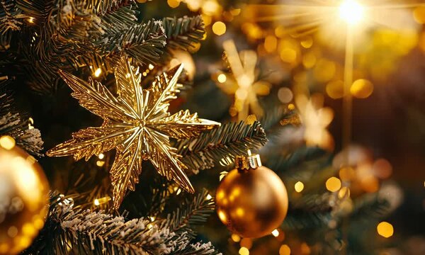 Golden starburst ornaments catching the light on a beautifully decorated Christmas tree, each starburst radiating with warmth and elegance. . Video