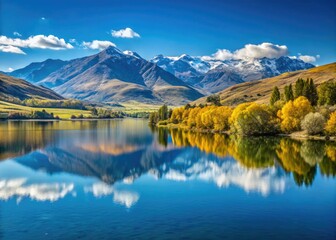 Scenic Lake Hayes with Majestic Mountains in Central Otago, New Zealand on a Clear Sunny Day