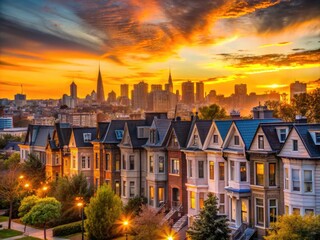 Obraz premium Scenic Residential Row Houses in US Capital Illuminated by Warm Sunset Light Over City Skyline
