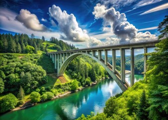 Obraz premium Scenic View of Gno Bridge Surrounded by Nature with Clear Blue Sky and Lush Greenery in Background