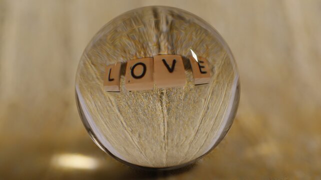 Close-up of a glass ball that reflects a yellow structure with the lettering Love