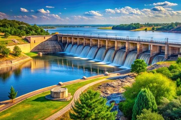 Naklejka premium Scenic View of Lake Overholser Dam Surrounded by Nature in Oklahoma City on a Clear Day