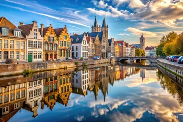 Naklejka premium Scenic View of Mechelen's Historic Architecture and Beautiful Canal Reflections Under a Clear Sky