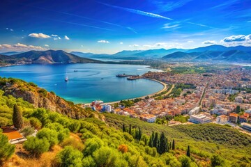 Scenic View of Volos Greece with Beautiful Coastline, Mountains and Clear Blue Sky in Summer