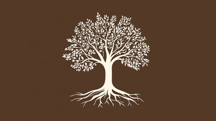 A stylized tree with a large root system is depicted in white against a brown background.