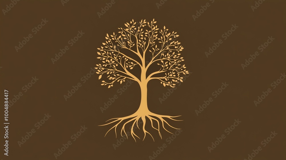 Poster simple line art of a tree with roots on a brown background.
