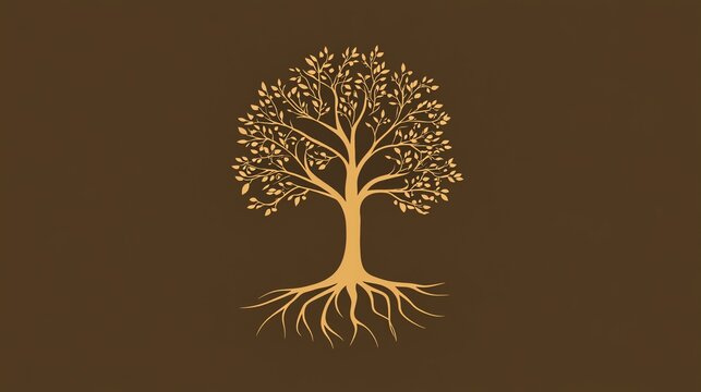 Simple line art of a tree with roots on a brown background.