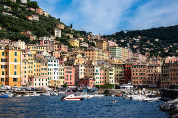 Naklejka premium Colorful buildings and beach at Camogli on sunny summer day, Liguria, Italy