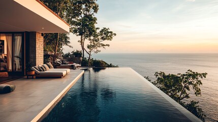 Fototapeta premium Modern villa with infinity pool overlooking ocean at sunset.