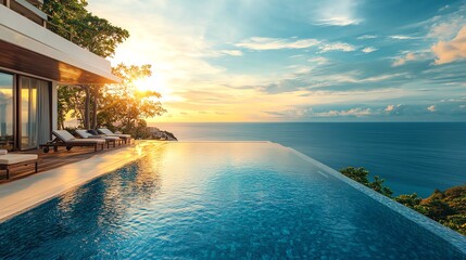 Fototapeta premium Luxury villa with infinity pool overlooking the ocean at sunset.