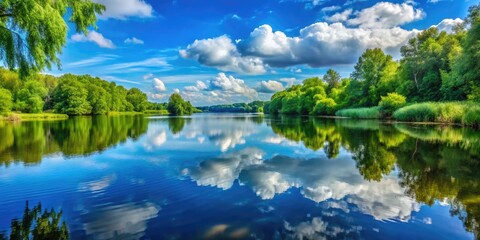 Serene Kent Lake Surrounded by Lush Greenery and Reflections of Blue Sky on a Calm Summer Day