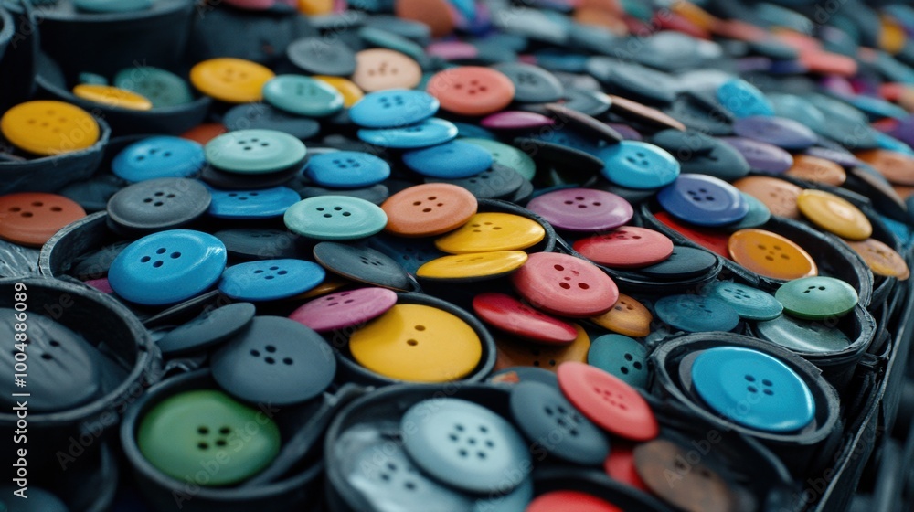 Poster a pile of colorful buttons are piled up in a container, ai