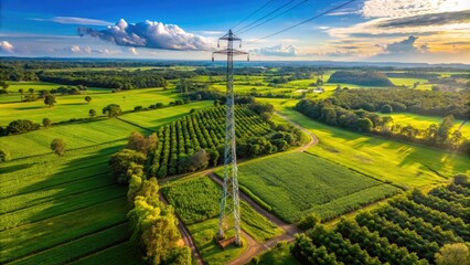 Serene Landscape with Electric Pole Surrounded by Lush Greenery Under a Clear Blue Sky