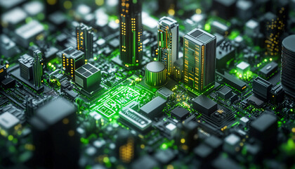 Fototapeta premium Close-up shot of a green computer circuit board packed with various electronic components, showcasing the intricate details of modern technology
