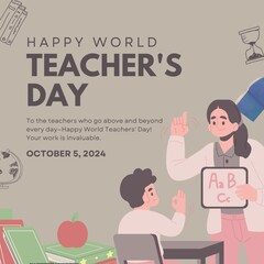Happy World Teacher's day concept with grey background Creative Digital Greetings card Wishes illustration Teacher with happy students at school desk in classroom Cartoon style Poster, Banner template